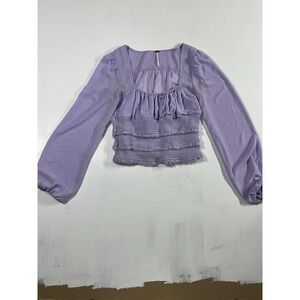 Free People Lolita Blouse Lavender XS Peasant Top Ruffle Smocked Sheer Boho
